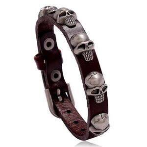 3/$35 Men's Brown Faux Leather Silver Skull Stud Punk Rock Biker Goth Bracelet
